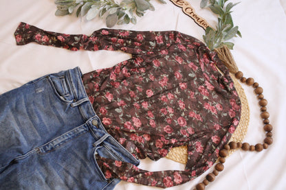 Mock Neck Floral Mesh Top