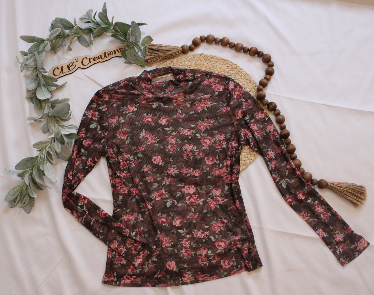 Mock Neck Floral Mesh Top